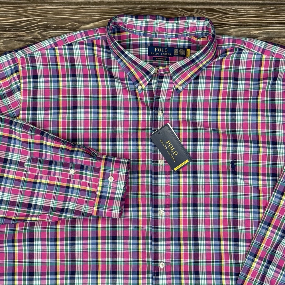 Polo Ralph Lauren Men's Big & Tall Plaid‎ Performance Shirt Pink Navy Size 3XLT